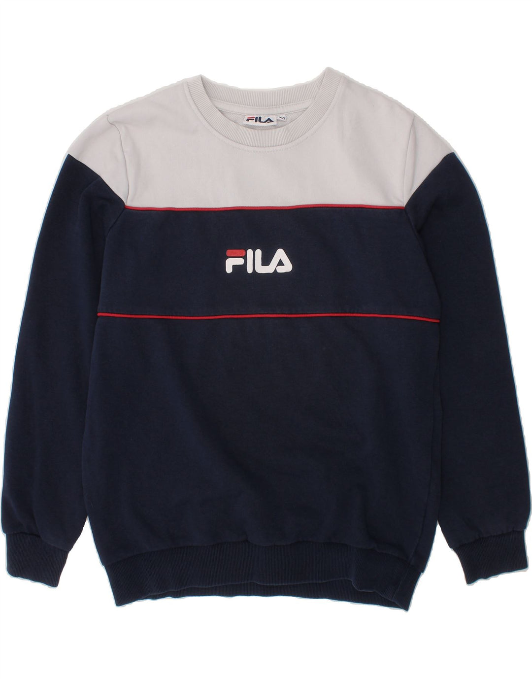 FILA Boys Graphic Sweatshirt Jumper 11-12 Years Navy Blue Colourblock Vintage Fila and Second-Hand Fila from Messina Hembry 