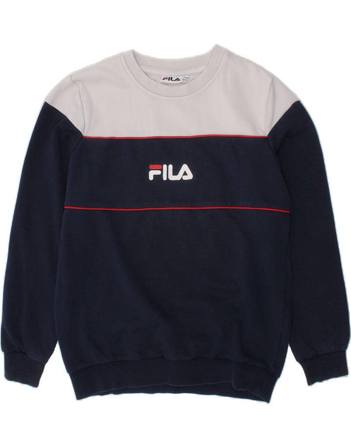 FILA Boys Graphic Sweatshirt Jumper 11-12 Years Navy Blue Colourblock Vintage Fila and Second-Hand Fila from Messina Hembry 