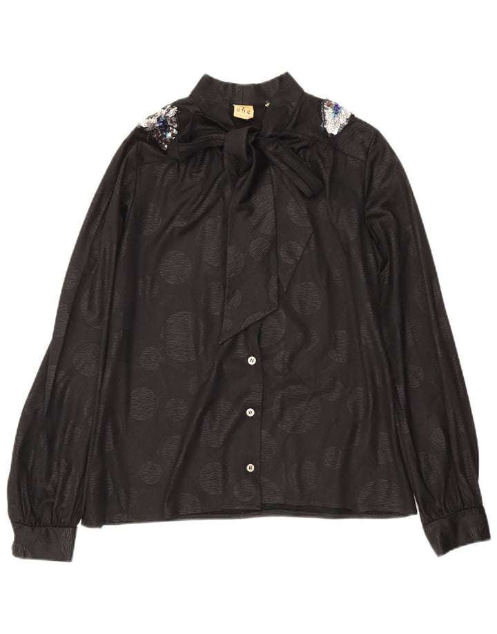 Vintage Dame Front Tie Shirt Bluse IT 46 Large Black Polka Dot