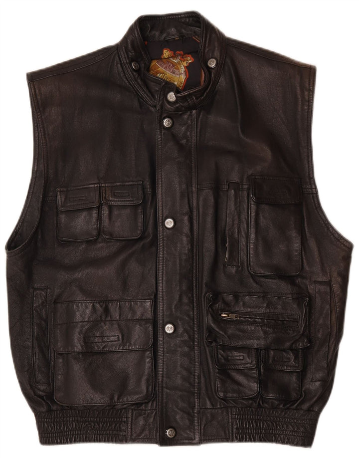 Vintage Herre Læder Gilet IT 50 Stort Sort Læder