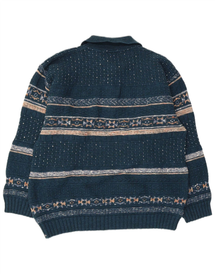 North Pole Herre Polo Neck Jumper Sweater Medium Blue Fair Isle Wool