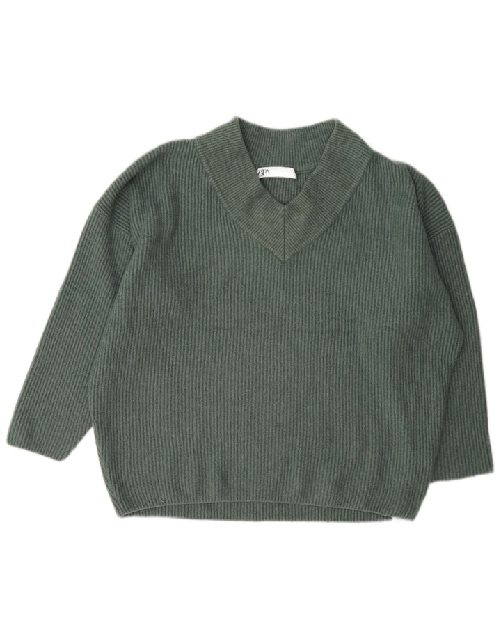 Zara Dame Oversized V-hals sweater UK 14 Medium Grøn Akryl