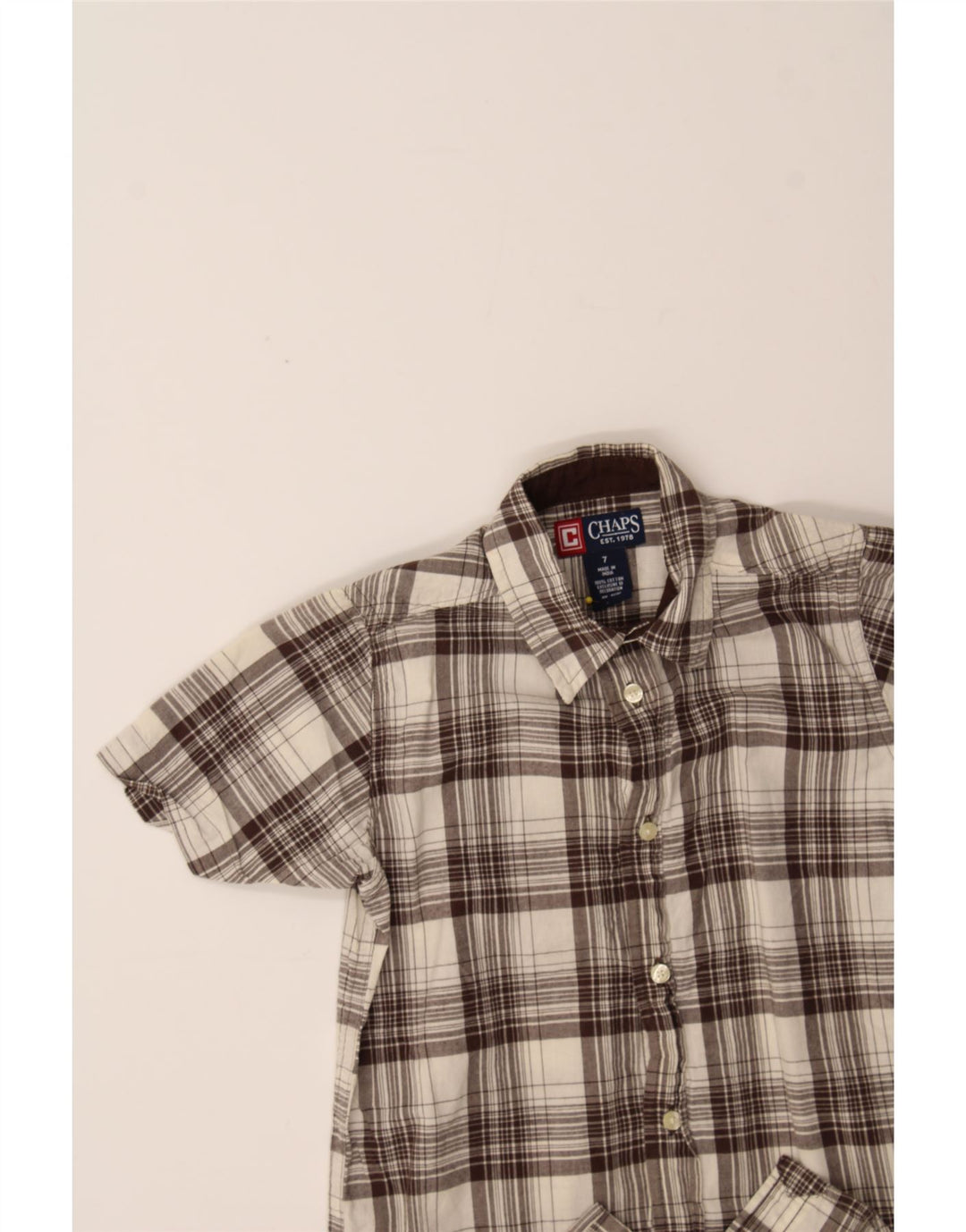 CHAPS Boys Short Sleeve Shirt 6-7 Years Brown Check Cotton Vintage Chaps and Second-Hand Chaps from Messina Hembry 