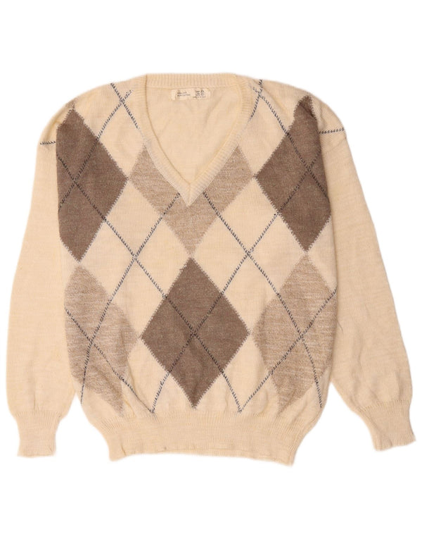 Vintage Herre V-hals sweater XL Hvid Argyle/Diamond Linen