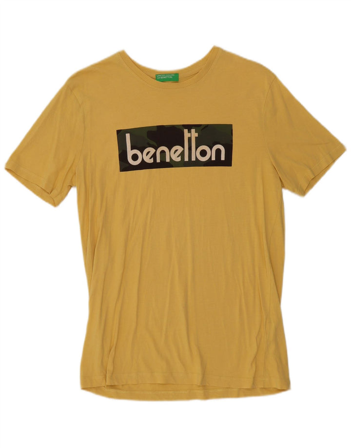 Benetton Herre grafisk T-shirt Top Medium Gul Bomuld
