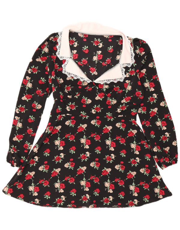 Shein Womens Long Sleeve A-Line Dress US 12 Large Black Floral Polyester