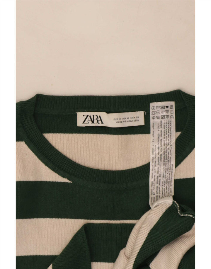 Zara Dame Crop Top Langærmet UK 12 Medium Grøn Stribet Viscose