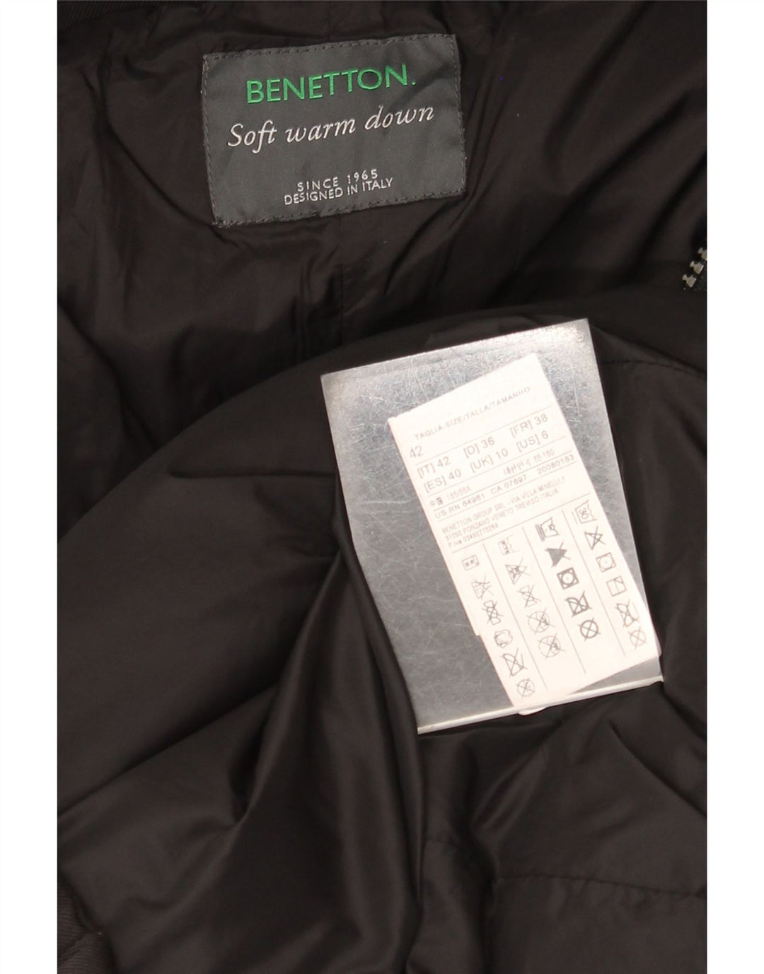 Benetton Dame Hætte Polstret Frakke UK 10 Lille Sort
