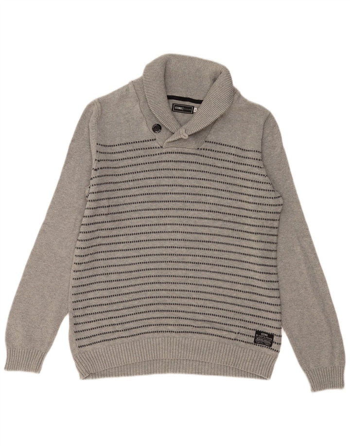 JACK & JONES Mens Shawl Neck Jumper Sweater Large Grey Striped Cotton