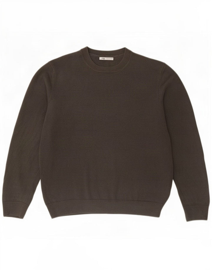 Zara Herre Crew Neck Jumper Sweater Stor Grå Linned