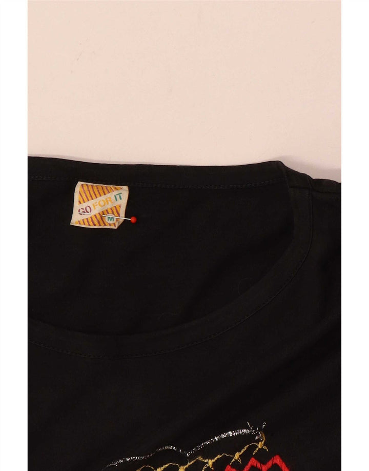 Vintage kvinders grafisk top 3/4 ærmer UK 14 medium sort bomuld