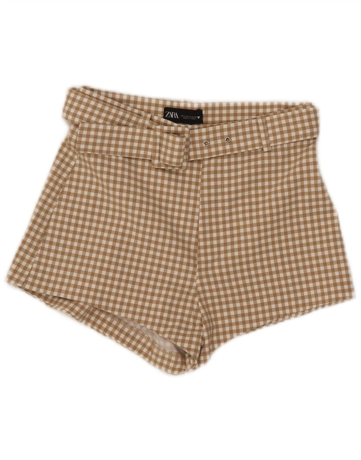 Zara Womens High Waist Hot Pants Small W26 Beige Gingham Polyester