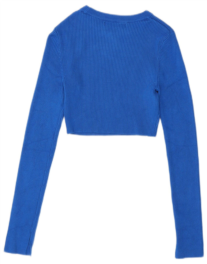 Pull & Bear Dame Crop Boat Neck Jumper Sweater UK 8 Small Blue