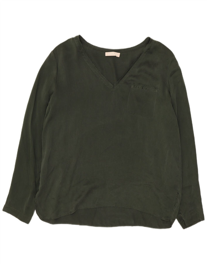 Stefanel Dame Langærmet Bluse Top IT 44 Medium Khaki Silk