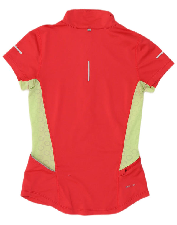 Nike Womens Dri Fit Zip Neck T-Shirt Top UK 6 XS Red Colourblock