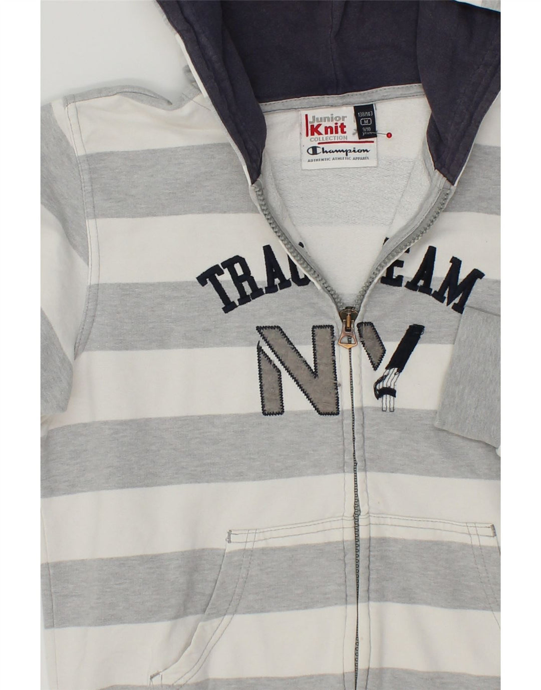 CHAMPION Boys Graphic Zip Hoodie Sweater 9-10 Years Medium Grey Striped Vintage Champion and Second-Hand Champion from Messina Hembry 