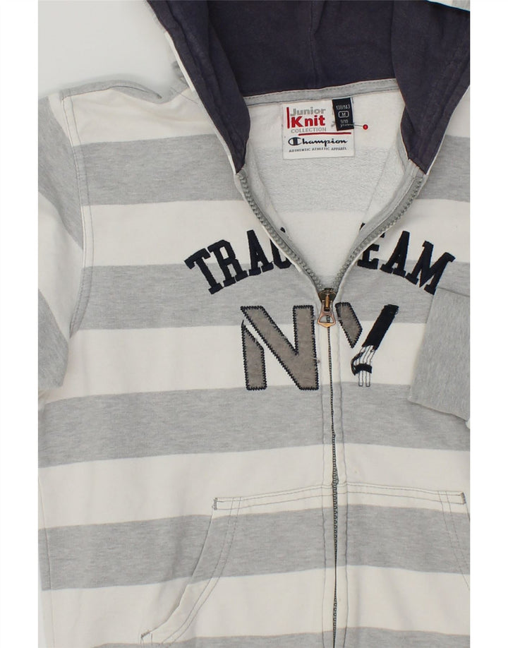 CHAMPION Boys Graphic Zip Hoodie Sweater 9-10 Years Medium Grey Striped Vintage Champion and Second-Hand Champion from Messina Hembry 