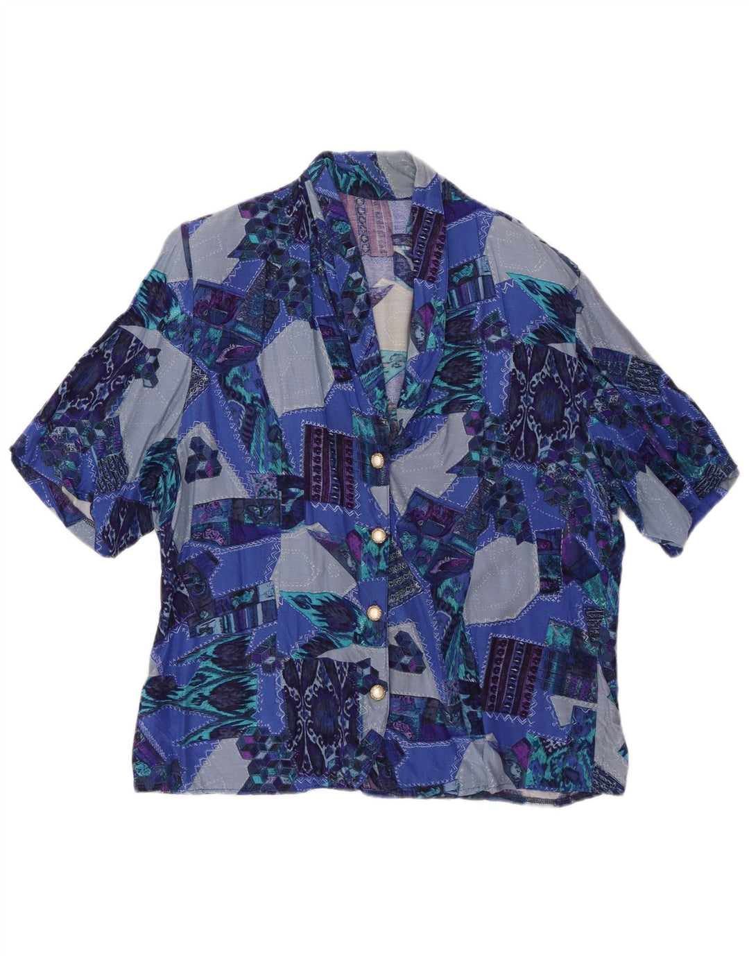 VINTAGE Womens Short Sleeve Shirt Blouse UK 18 XL Blue Patchwork