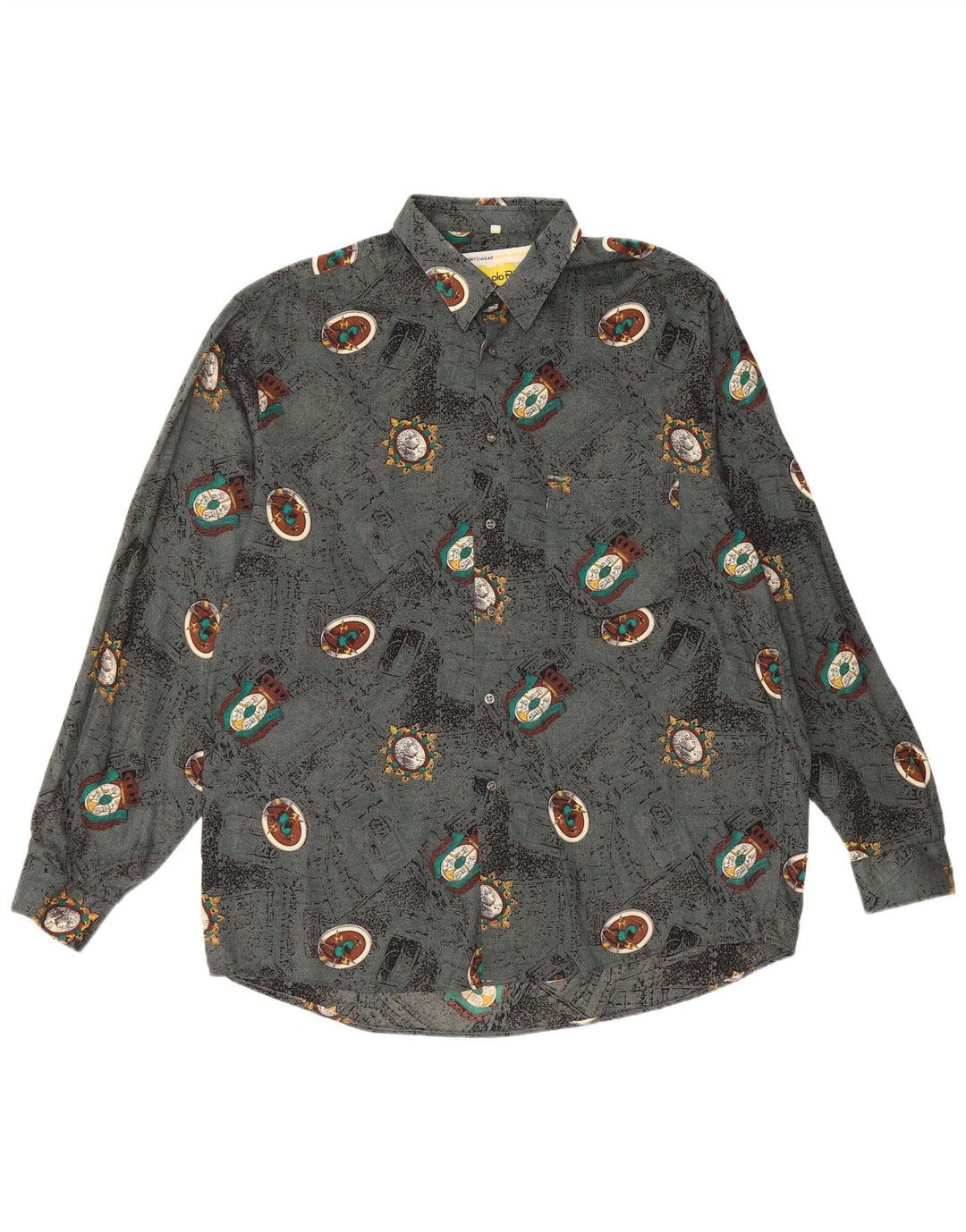 VINTAGE Mens Abstract Pattern Shirt Large Grey Viscose