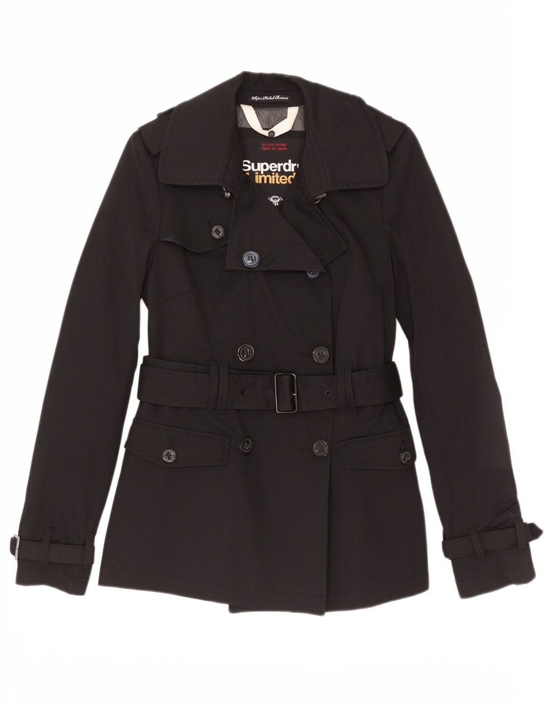 Superdry Trench Coat til kvinder UK 10 Small Black Colourblock Bomuld