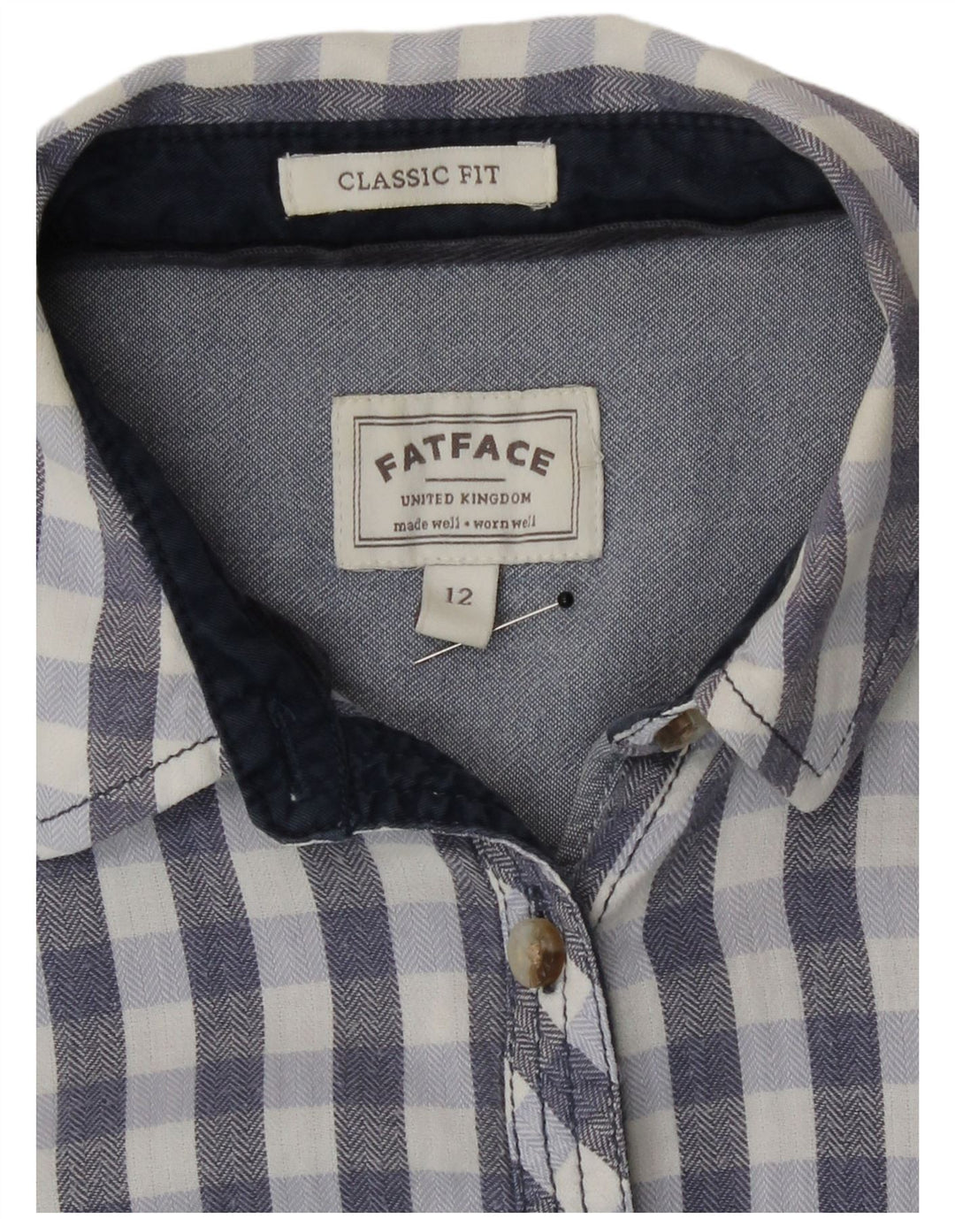 Fat Face Dame Classic Fit skjorte UK 12 Medium Blue Gingham Cotton
