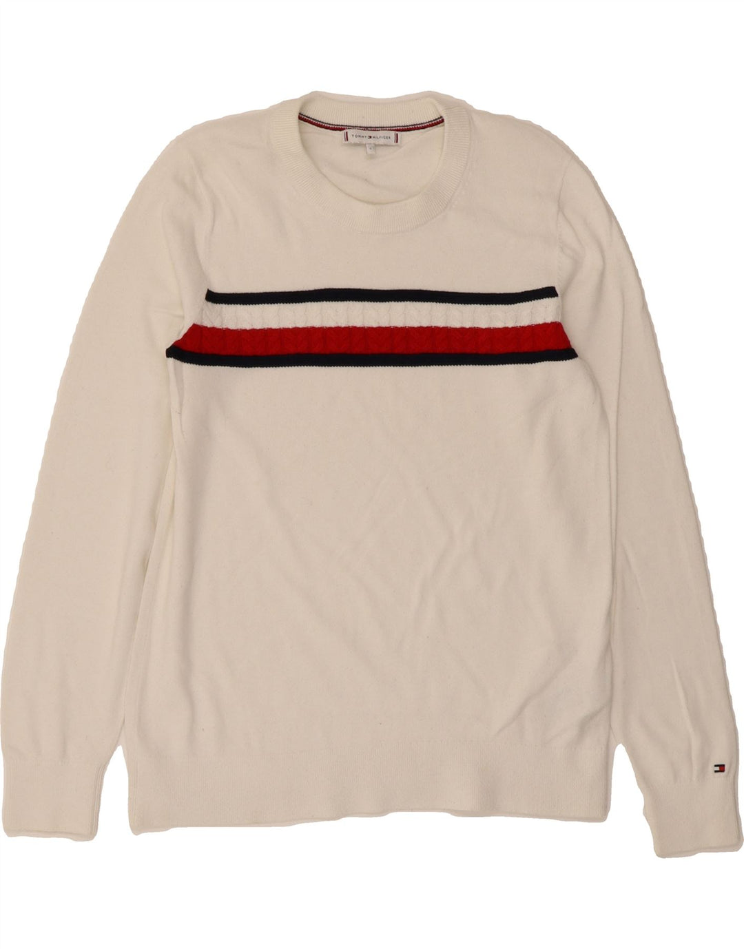 TOMMY HILFIGER Mens Crew Neck Jumper Sweater Small White Striped Cotton Vintage Tommy Hilfiger and Second-Hand Tommy Hilfiger from Messina Hembry 