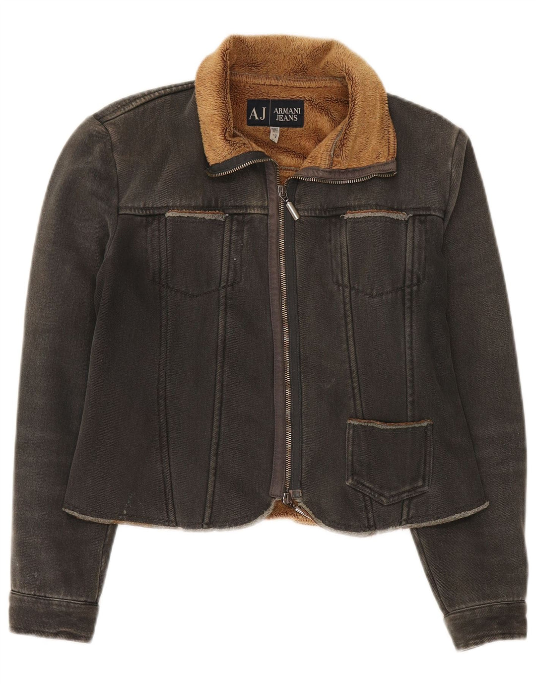 Armani Jeans Dame Crop Denim Sherpa Jacket IT 42 Medium Sort Polyester
