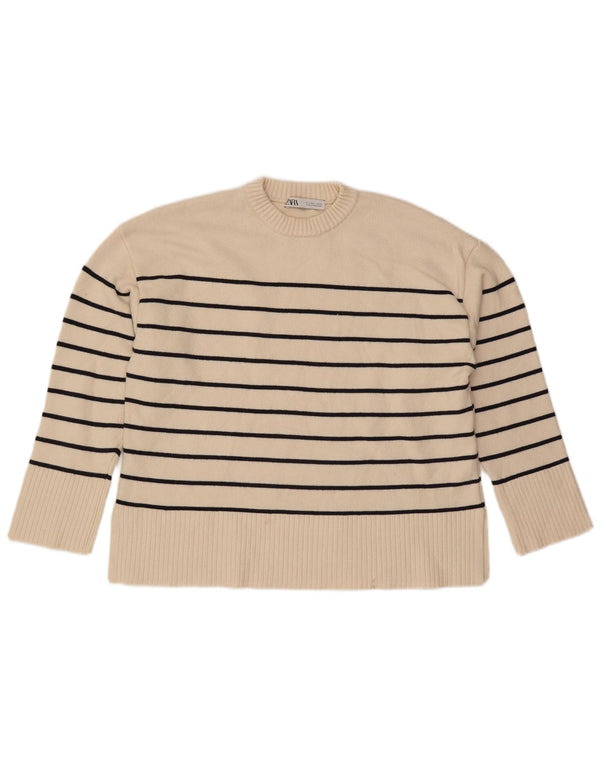 Zara sweater med rund hals til kvinder UK 14 Medium Off White Stribet viskose
