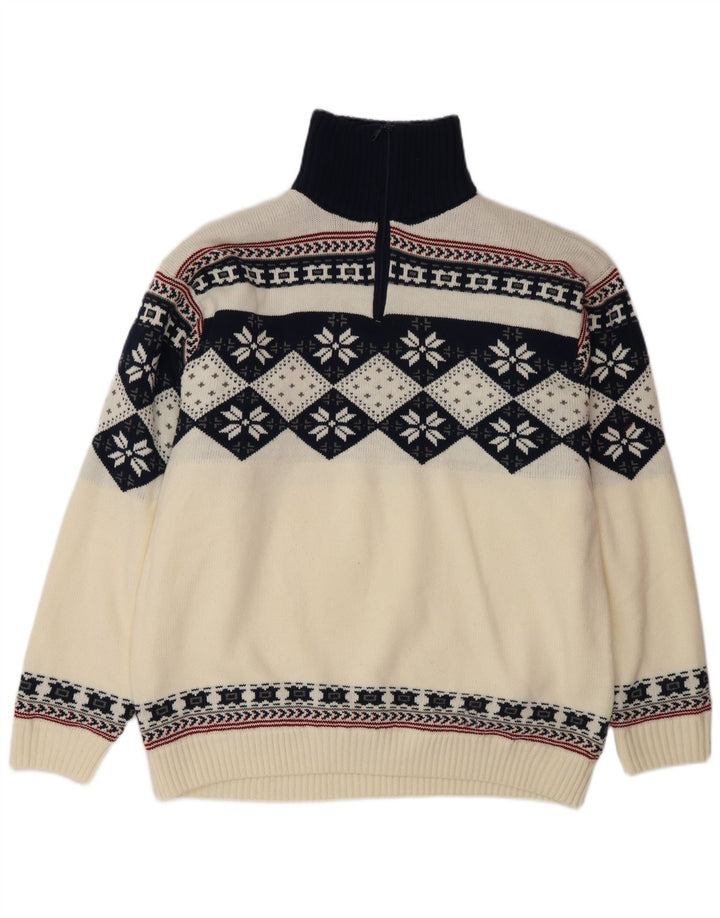 Vintage Herre Zip Neck Jumper Sweater Large White Fair Isle Polyacrylic