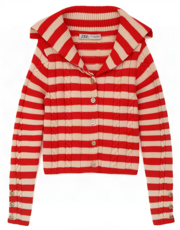 Zara Dame Cardigan Sweater UK 4 XS Rødstribet akryl