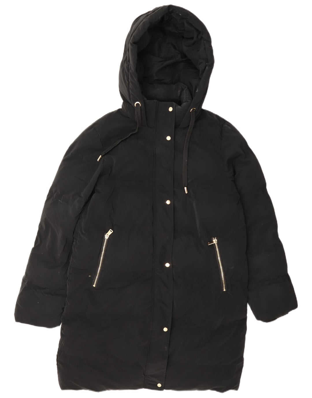 Zara Dame Hætte Polstret Frakke UK 14 Medium Sort Polyester