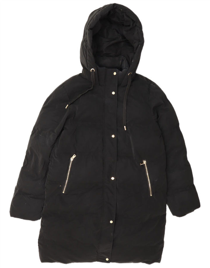 Zara Dame Hætte Polstret Frakke UK 14 Medium Sort Polyester