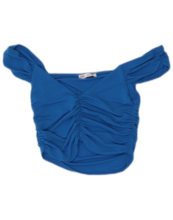 Zara Womens Crop Off Shoulder Top UK 8 Small Blue Polyester