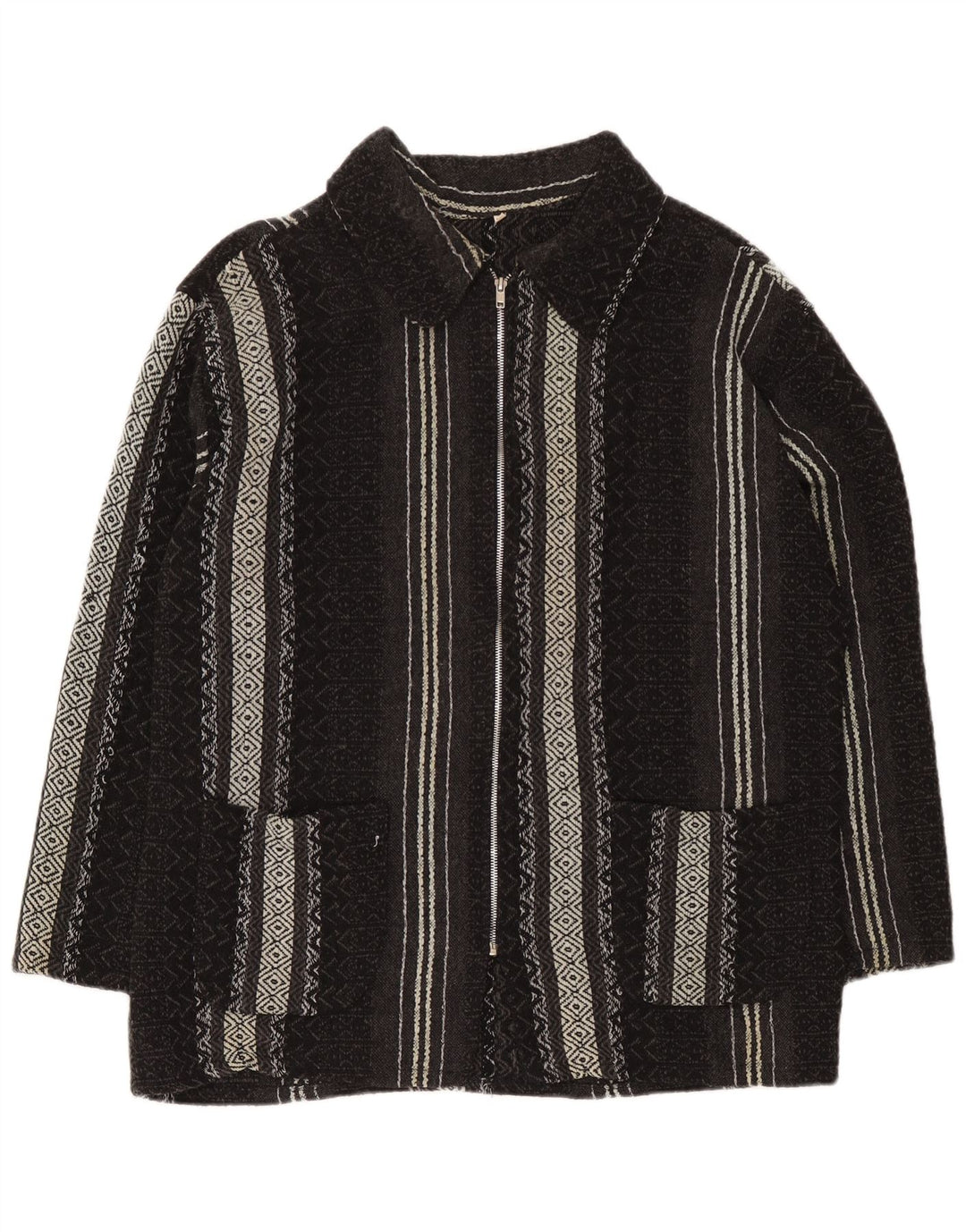 Vintage herre cardigan sweater XL sort geometrisk uld Aztec