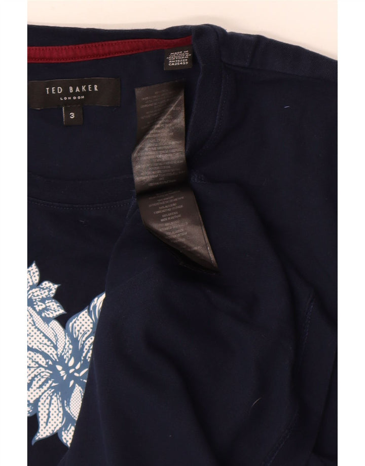 Ted Baker Herre grafisk T-shirt Top Størrelse 3 Medium Marineblå Blomsterbomuld