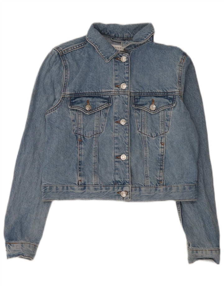 Topshop Dame Crop Denim Jacket UK 8 Small Blue Cotton