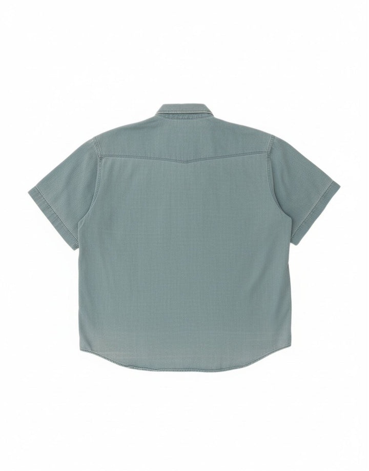 VINTAGE Mens Short Sleeve Denim Shirt Large Turquoise Cotton