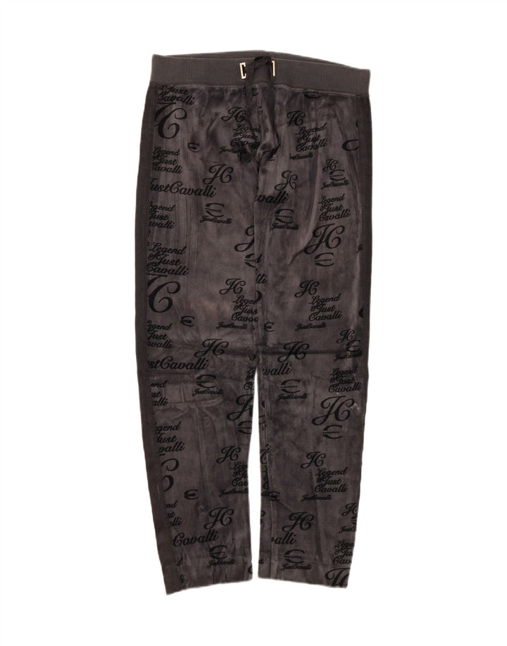 JUST CAVALLI Womens Graphic Tracksuit Trousers UK 12 Medium Grey Cotton Vintage Just Cavalli and Second-Hand Just Cavalli from Messina Hembry 