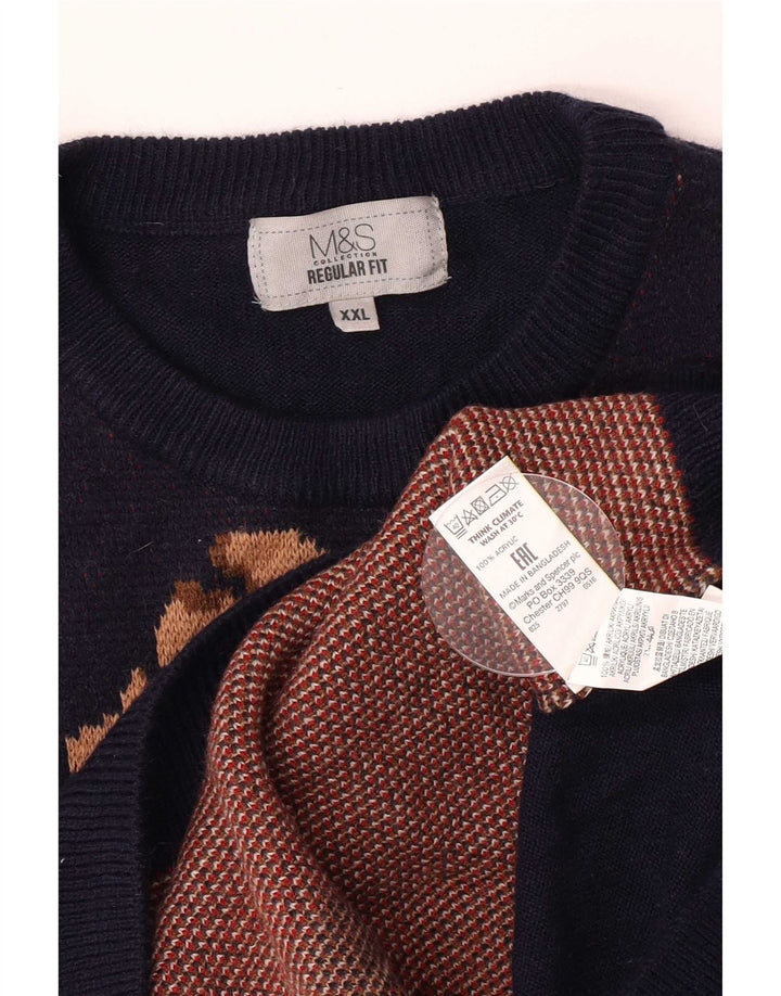 Marks & Spencer Herre Grafisk Crew Neck Jumper Sweater 2XL Navy Blue Christm