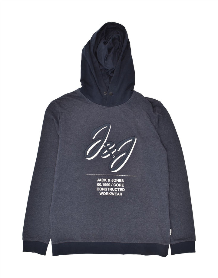 JACK & JONES Mens Graphic Hoodie Jumper Large Navy Blue Colourblock Cotton | Vintage Jack & Jones | Thrift | Second-Hand Jack & Jones | Used Clothing | Messina Hembry 