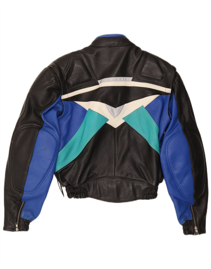 VINTAGE Herre Læder Racer Jakke IT 52 XL Sort Colourblock Læder