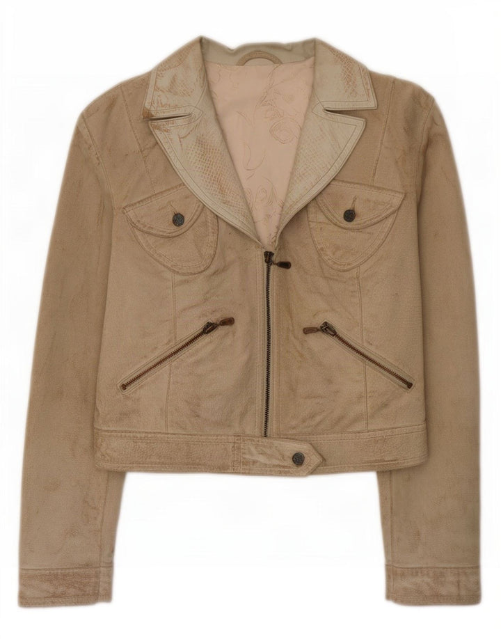 J.J.Scott Dame Crop Graphic Ruskind Biker Jacket IT 44 Medium Grey Læder