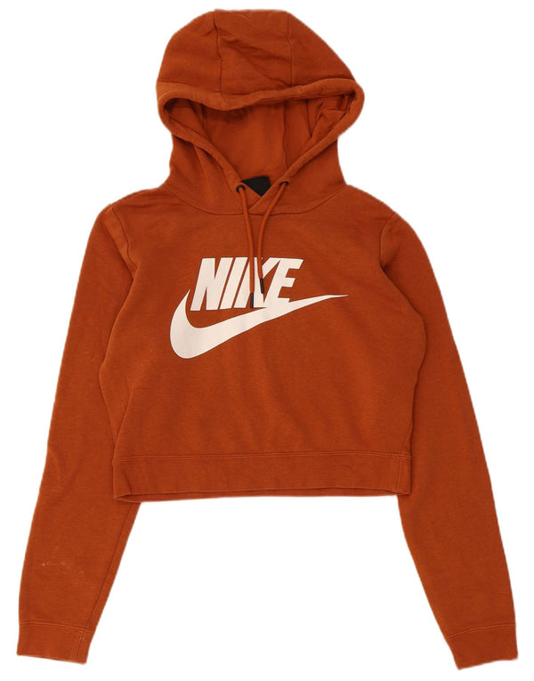 Nike Dame Crop Graphic Hoodie Jumper UK 6 XS Brun Bomuld
