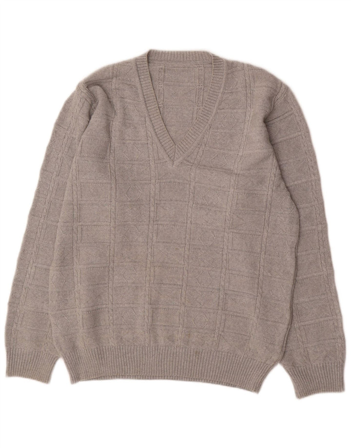 Vintage Herre V-hals sweater IT 50 Medium Grå Polyacryl