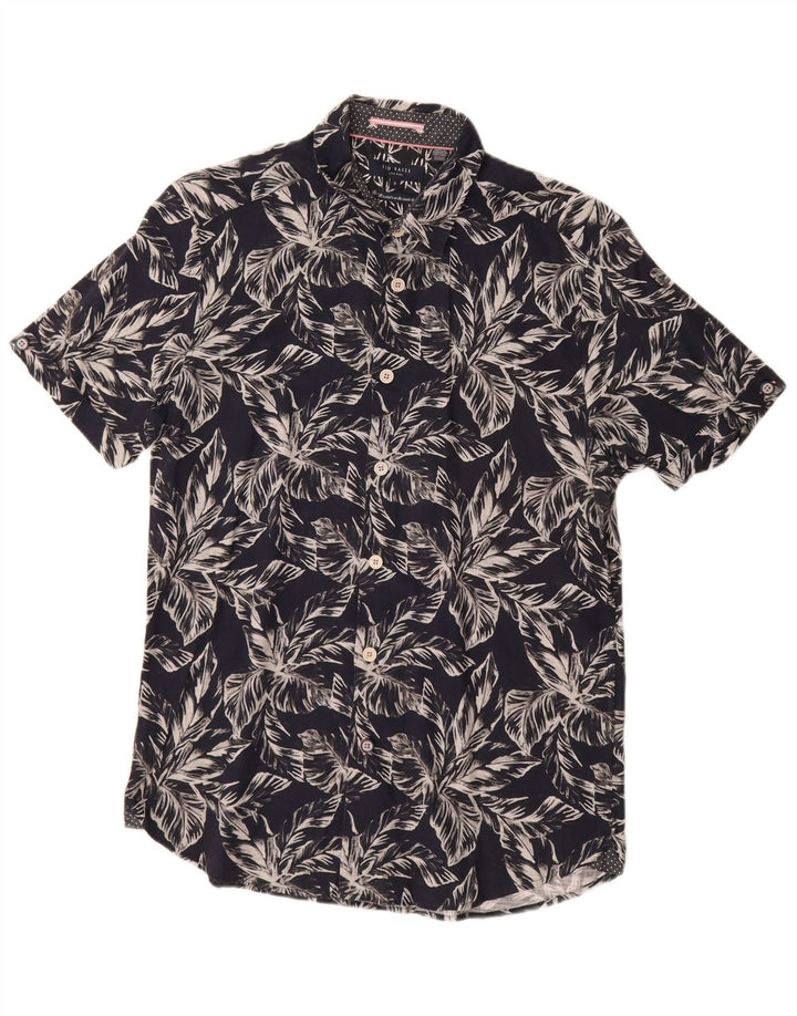 Ted Baker Kortærmet Herreskjorte Størrelse 3 Medium Navyblå Blomsterbomuld