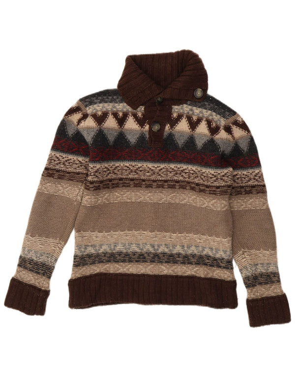 Zara Dame Button Neck Jumper Sweater UK 18 XL Brown Fair Isle Lambswool