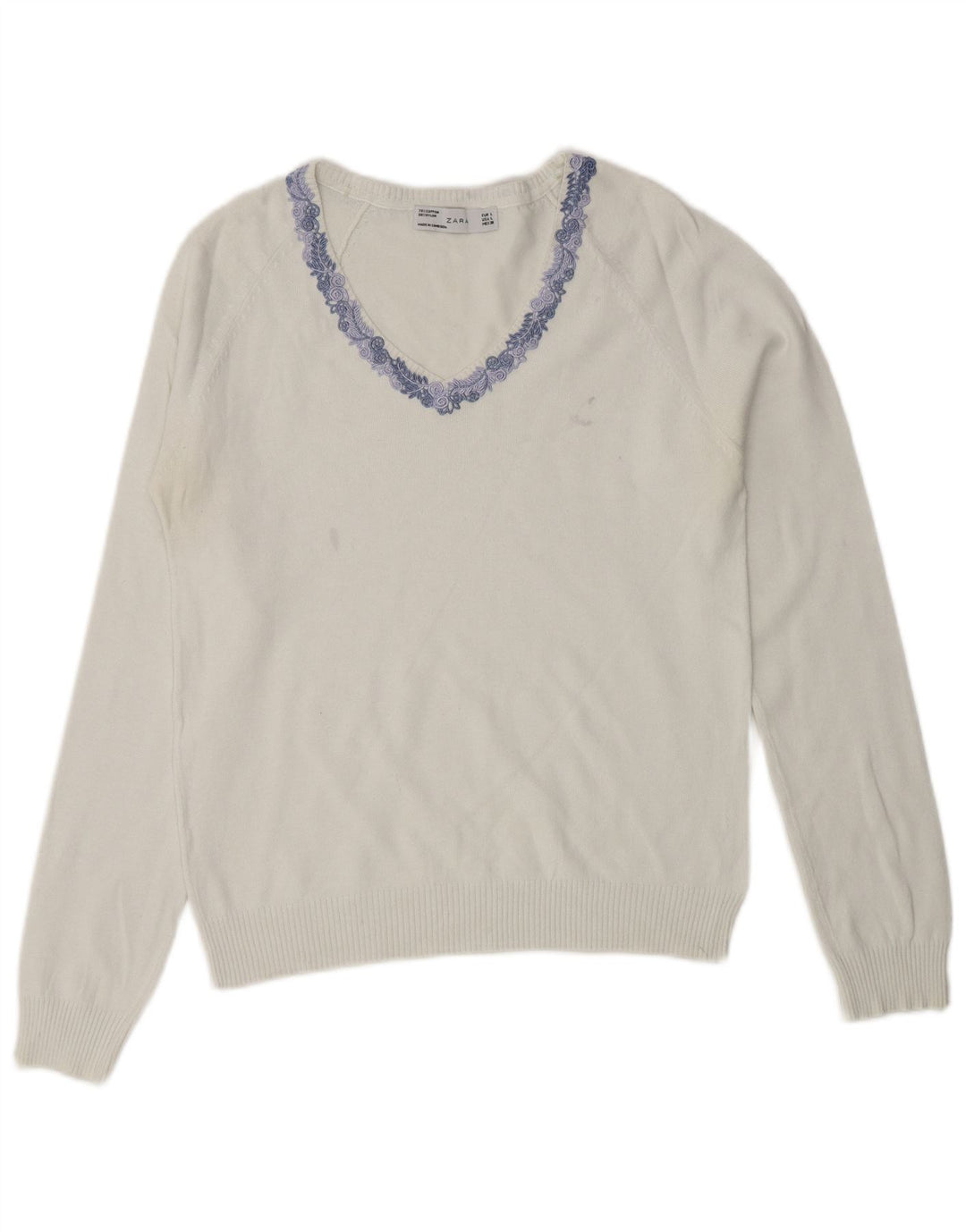 ZARA Dame V-hals sweater UK 14 Stor hvid bomuld