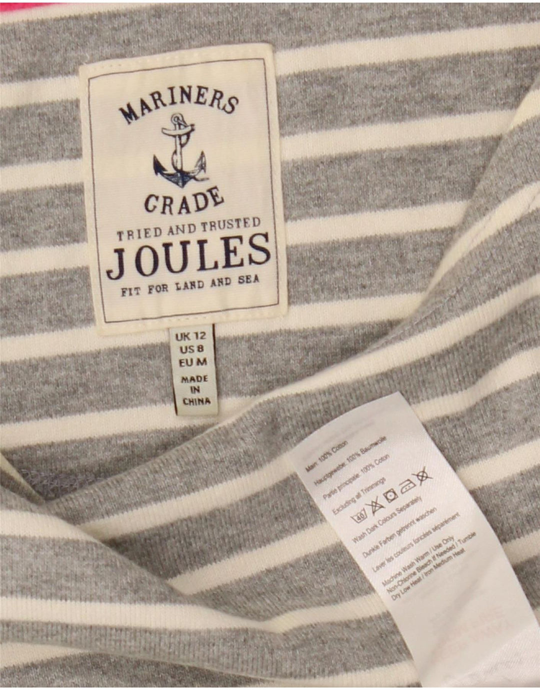 Joules Dame Top Langærmet UK 12 Medium Grå Stribet Bomuld