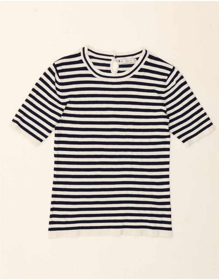 Zara Dame T-Shirt Top UK 12 Mellem marineblå stribet