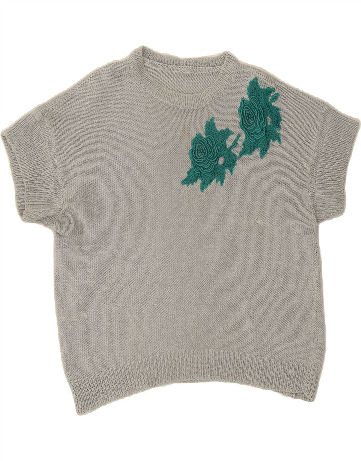 VINTAGE Womens Crew Neck Jumper Sweater UK 12 Medium Grey Floral Vintage Vintage and Second-Hand Vintage from Messina Hembry 